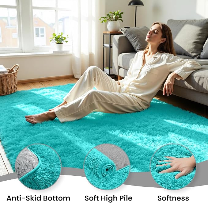 6x9 Fluffy Area Rug for Living Room: Soft Non-Slip Turquoise Bedroom Carpet | - Image 5