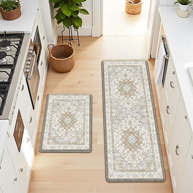 Boho Kitchen Mats for Floor 2 Piece Set Anti Fatigue Cushioned PVC Kitchen Rugs Non Slip Waterproof Farmhouse Mats 2/5 Inch Comfort Standing Mat for Sink, Laundry, 17.3"x59"+17.3"x28", Beige Tan