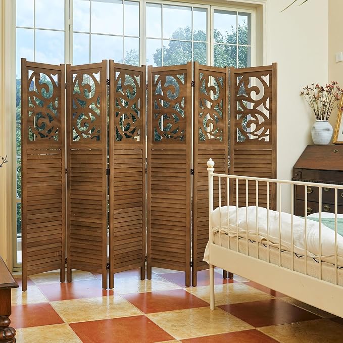 Svimi Folding Room Divider, 5.6Ft 6 Panels Wood Carved Privacy Screens - Image 9