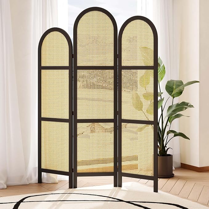 3-Panel Hand-Woven Rattan Room Divider, Tall Foldable Privacy Screen by Svimi