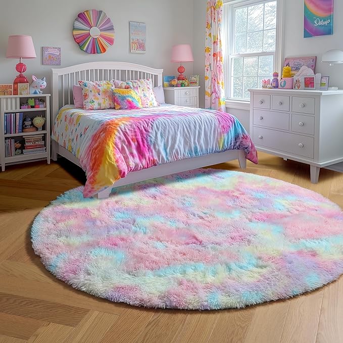 Amdrebio Rainbow Big Round Furry Area Rug 7Ft - Image 5