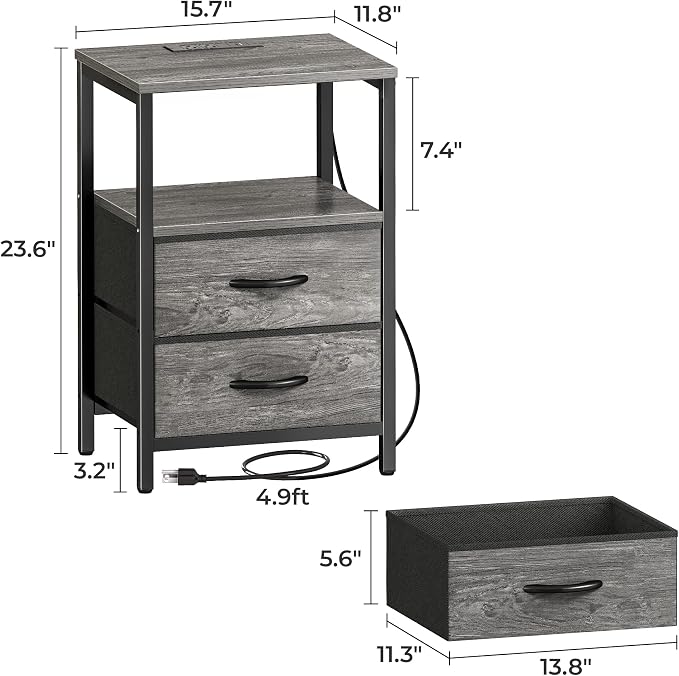 Huuger Nightstand with Charging Station, Side Table with Fabric Drawers | End - Image 2