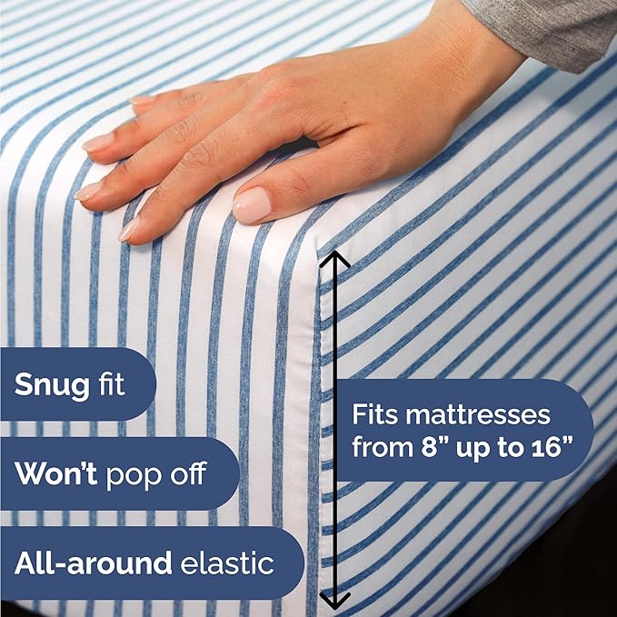 Twin 4 Piece Sheet Set - Cooling, Comfy & Breathable - Hotel Luxury Bedding, Includes Fitted Sheet for Women, Men, Kids & Teens - 1 Flat, 1 Fitted Sheet, 2 Pillowcases w/Deep Pockets - Blue Stripes