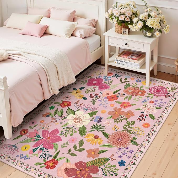 Latte&Fog 3x5 Entryway Area Rugs, Washable Floral Pink Rugs - Image 5