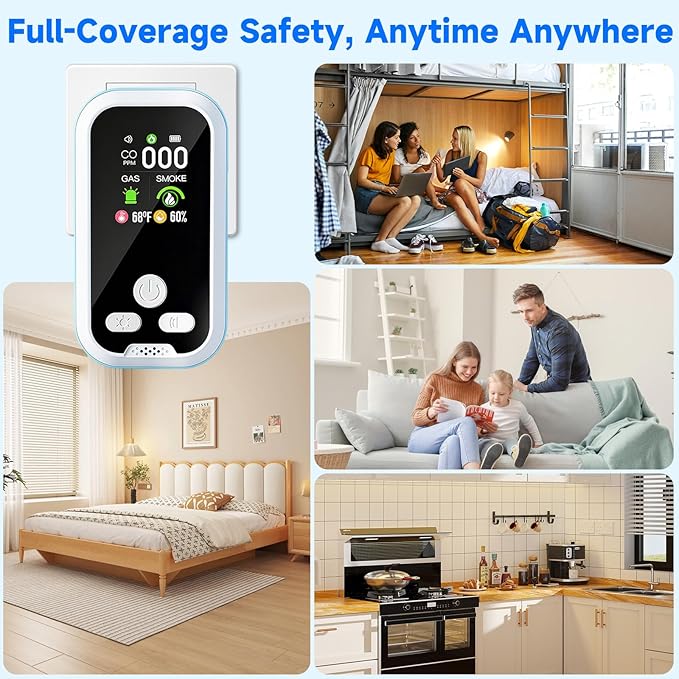 5-in-1 Carbon Monoxide Detector 2 Pack Combo with LCD Display, Detects CO, Natural Gas, Smoke, Temperature, Humidity for Home, Hotel, RV, Apartment Safety, Monoxide Alarm HD Screen