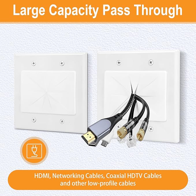 Kebulldola 2 Gang Wall Plate with Low Voltage Mounting Bracket, 2 Pair, Silicone Pass Through in Wall Hider, Cable Management Kit for HDMI Cables, Ethernet Cables, HDTV Home Theater System