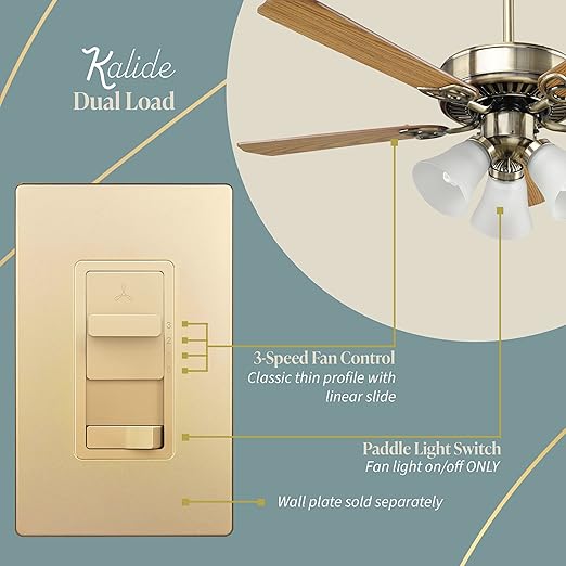 TOPGREENER Kalide Light Switch and 3-Speed Ceiling Fan Control Combo, in Wall Light and Fan Combination Switch, Single Pole, 2.5A, 720W, Neutral Wire Not Required, TGSFS3-GD, Gold