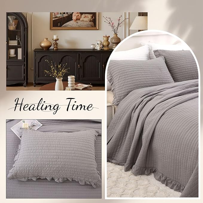 ROOMLIFE Quilt Set King Size 3D Floral Embroidery Pattern 3-Piece Cotton - Image 6