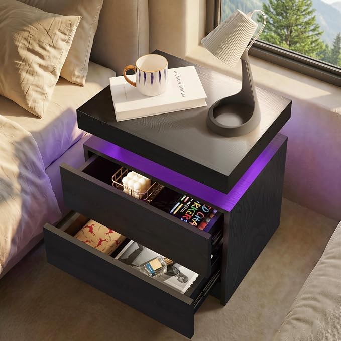 LED Nightstand with Wood 2 Drawers Modern Bedside Table - Image 4