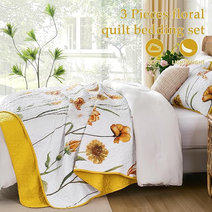 WONGS BEDDING Yellow Quilt Set Queen Size, Colorful Floral Quilt Set - Image 4