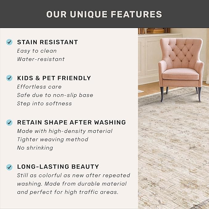 2'6"x10' Extra Long Runner Rugs for Hallways Non Slip, Machine Washable Rug Runner for Kitchen Floor, Entryway, Soft Low Pile Neutral Light Beige Décor, Geometric Floral Pattren Stain Resistant Carpet