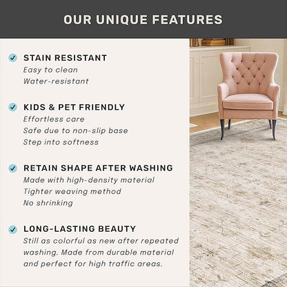 2'6"x10' Extra Long Runner Rugs for Hallways Non Slip, Machine Washable Rug Runner for Kitchen Floor, Entryway, Soft Low Pile Neutral Light Beige Décor, Geometric Floral Pattren Stain Resistant Carpet