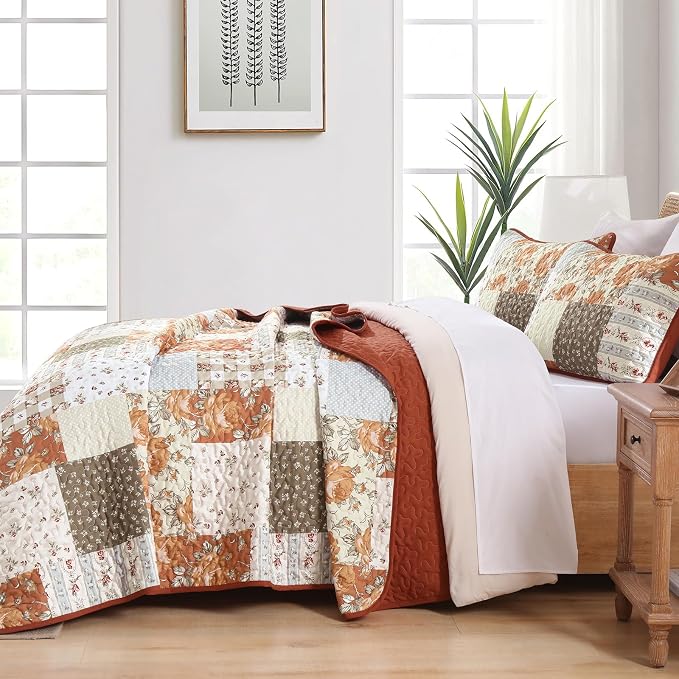 Anibedding Floral Patchwork Quilt Set Queen, Terracotta Plaid Bedspread | 3 Pcs - Image 4