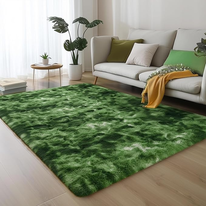 Fluffy Moss Green Rugs for Living Room 5x8, Modern Bedside Carpets, Plush - Image 2
