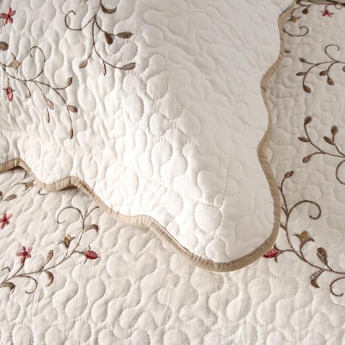 Quilt Set Queen Floral Leaves 3D Embroidery Pattern 3-Piece Cotton Blend | - Image 6