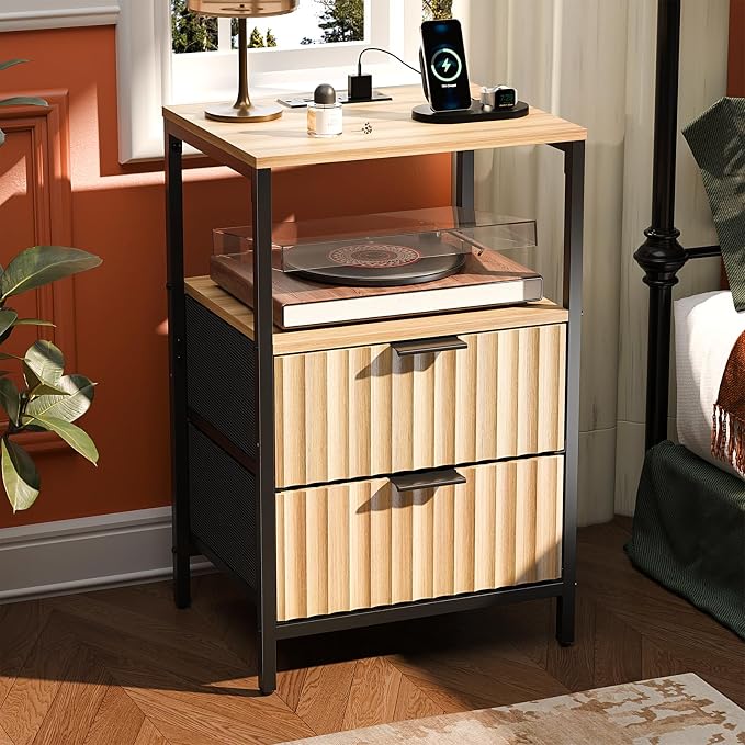 VINGLI Night Stand with Charging Station and Fabric Drawers, Fluted Nightstand by VINGLI