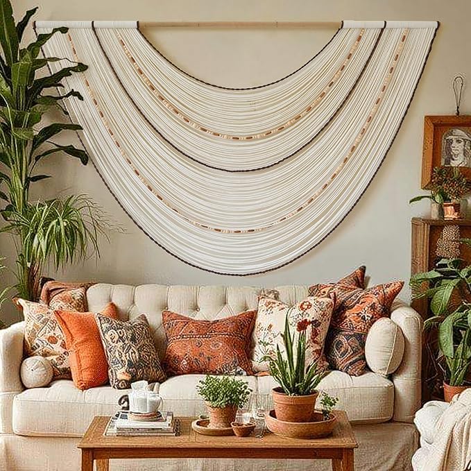 Macrame Wall Hanging Boho Wall Decor Beaded Fiber Art Handmade 57"W*35"L | by FLBER
