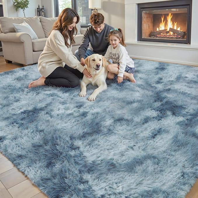 6x9 Shag Area Rug for Living Room, Dark Blue Tie-Dyed Plush Fluffy Carpet | - Image 3