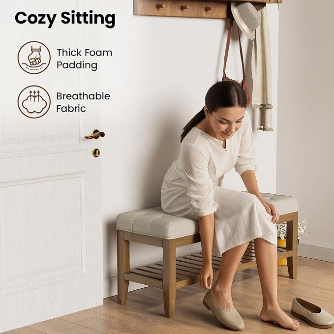 REONEY Bedroom Bench, Tufted Button Window Seat, - Image 5