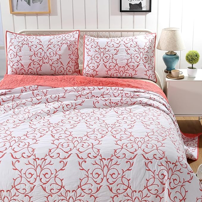 ROOMLIFE Quilt Set Full Size 3D Floral Embroidery Pattern 3-Piece Cotton by ROOMLIFE