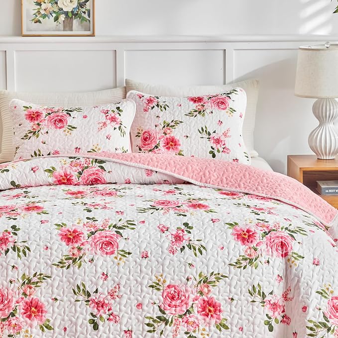 UOZZI BEDDING Pink White Floral Quilt Set 3 Pieces Queen Size Pink Flower Soft - Image 3