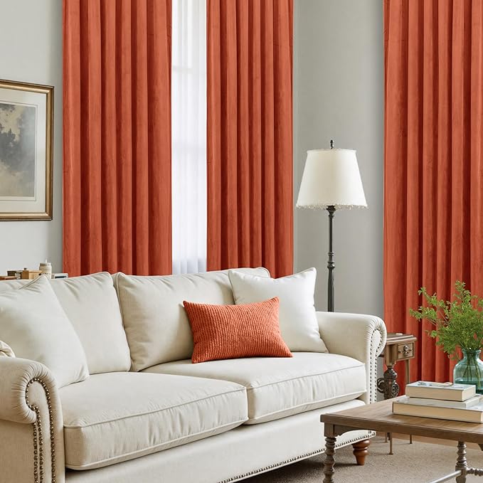 LAMIT Velvet Curtains 90 Inch for Living Room, Thermal Insulated Room Darkening Panels Rustic Vintage Noise Reducing Window Drapes with Back Tab and Rod Pocket, 2 Panels, Terracotta, 52 x 90 Inch
