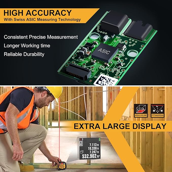 PREXISO 2-in-1 Laser Tape Measure, 135Ft Rechargeable Measurement Tool & 16Ft Measuring Movable Magnetic Hook - Pythagorean, Area, Volume, Ft/Ft+in/in/M Unit NOT Digital
