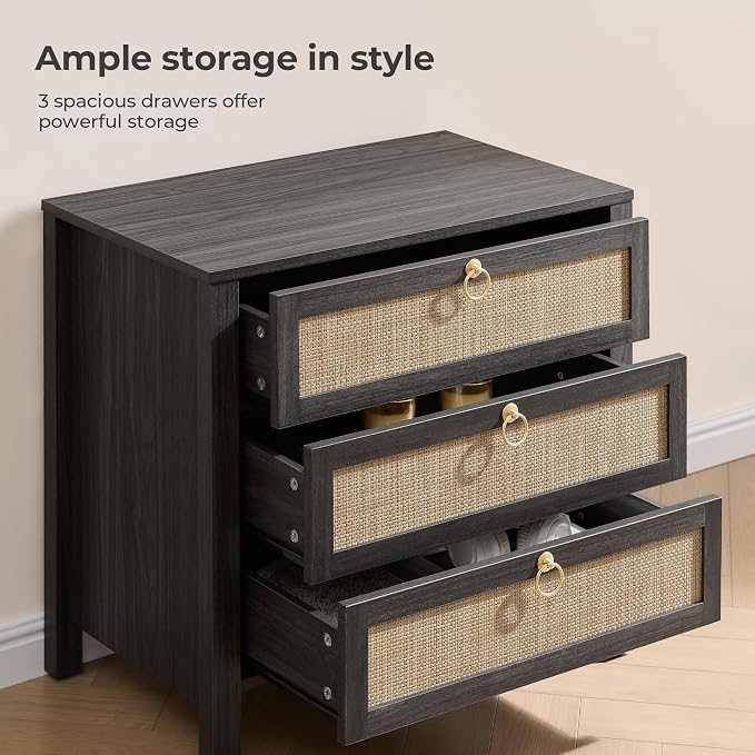 SICOTAS Rattan Nightstand with 3 Drawers, Large Boho Bedside Tables Bedroom | - Image 3