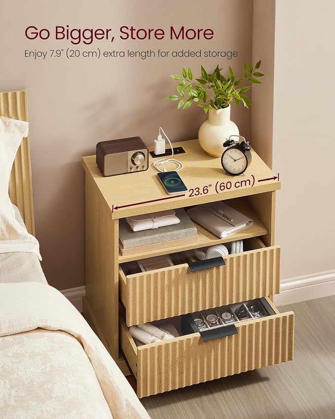 VASAGLE Nightstand with Charging Station, 2 Drawers, Open Shelf | Bedside Table - Image 4