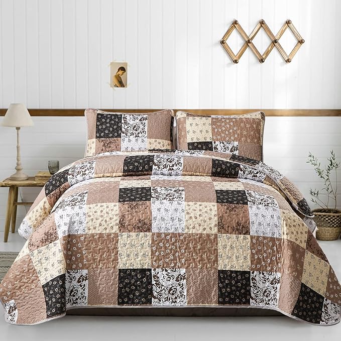 Mybedsoul Brown Quilt Set Twin Size Dorm Bedding, 2 Pieces Plaid Floral by Mybedsoul