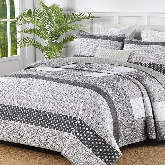 WONGS BEDDING Beige Quilt King Size, 3 Pieces Boho Stripe Bedspread | 3 Pieces by WONGSBEDDING