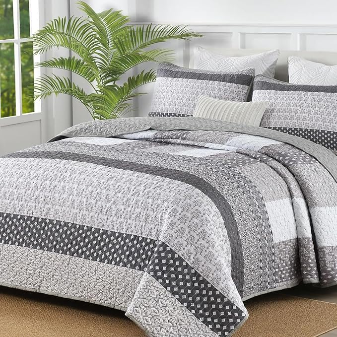 WONGS BEDDING Grey Queen Size Quilt Set, Boho Striped Patchwork Bedspread | 3 by WONGSBEDDING