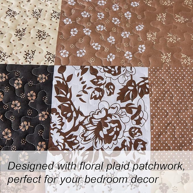 Mybedsoul Brown Quilt Set Twin Size Dorm Bedding, 2 Pieces Plaid Floral - Image 7