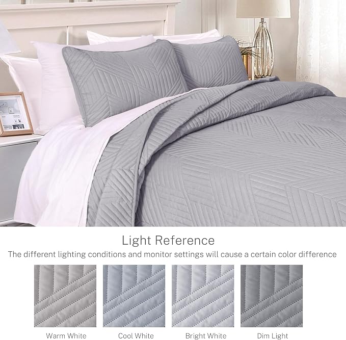 Exclusivo Mezcla Ultrasonic King Quilt Bedding Set, Light Grey | Lightweight - Image 3