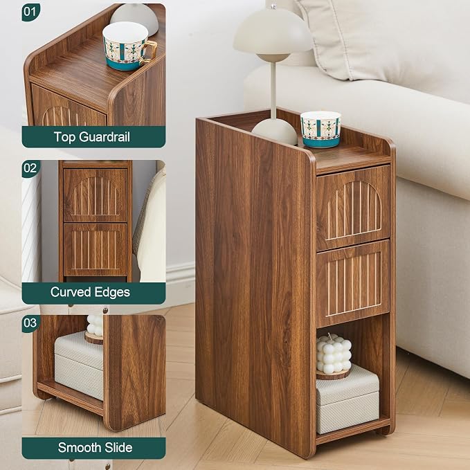 Narrow Nightstand Set of 2, Wooden Small 2 Drawer Nightstand, Slim Side End - Image 9