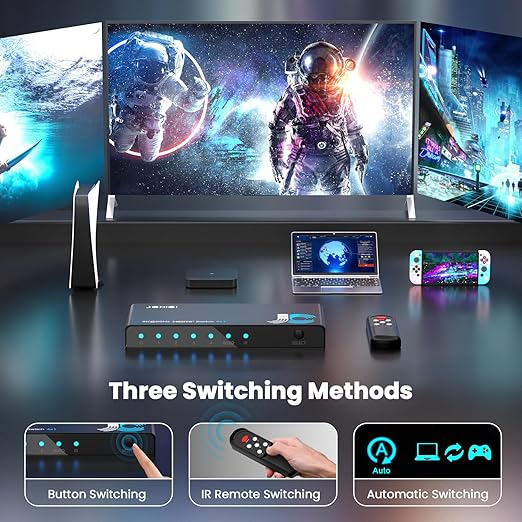 HDMI 2.1 Switch 4 in 1 Out 8K@60Hz 4K@120Hz, 4 Ports HDMI Switcher Splitter Selector with Remote, Support HDCP 2.3 HDR 10+ Dolby Vision/Atmos 48Gbps CEC for Apple TV Game PC PS Pro Xbox Roku
