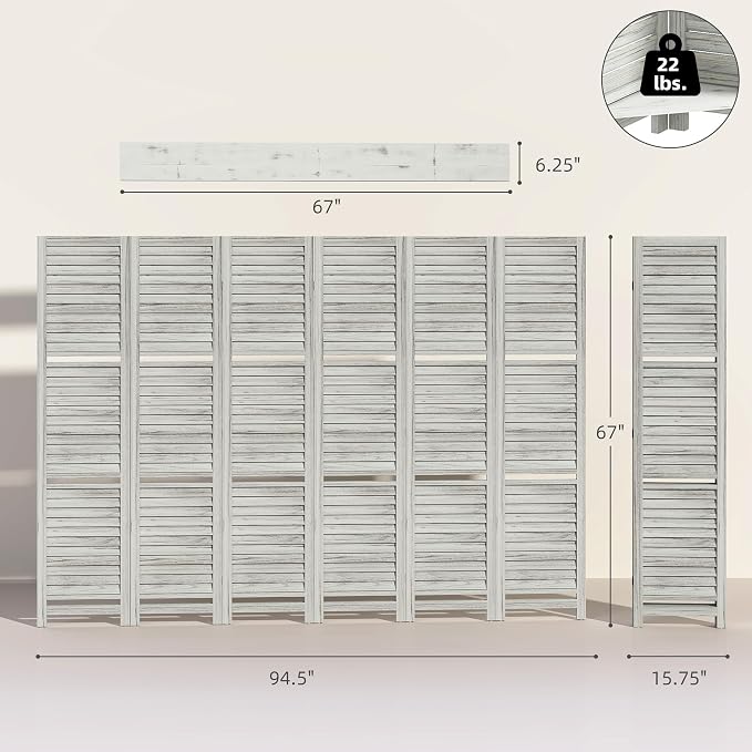 HOMCOM Room Divider with Shelves 6 Panel 67" Wood Screen Distressed White | 3 - Image 7