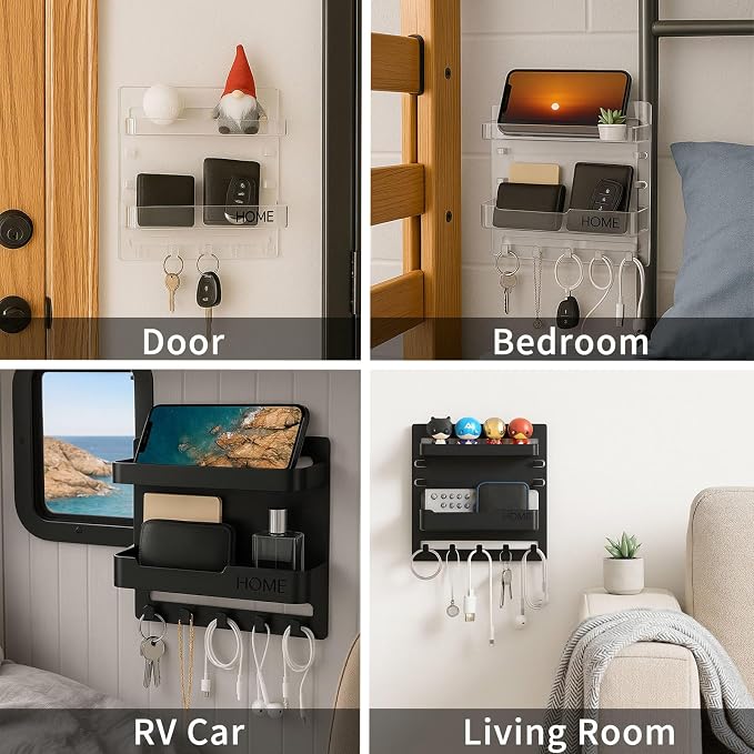 Wall Mount Bedside Shelf with Hooks, Adhesive Bedroom Organizer Storage - Image 5