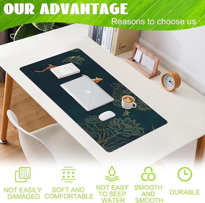 Eflxamz Large Gaming Mouse Pad, Koi Fish Ink Painting Desk Mat, Golden Line Lotus Desk Pad, Extended Big Computer Keyboard Mouse Pad with Non-Slip Base and Stitched Edge, 35.4"x15.7"