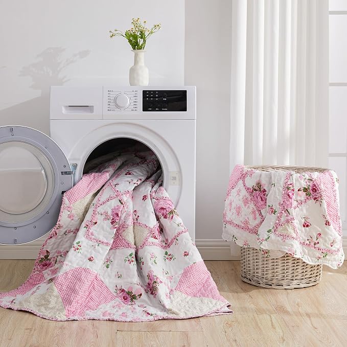 Full/Queen Size Quilt Set Pink Floral Patchwork Bedspreads Coverlet Set | - Image 7