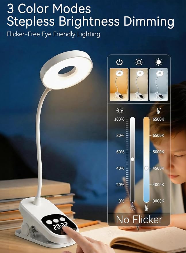 Clip On Desk Lamp Wireless 6000mAh Rechargeable LED Reading Light 3 Colors | - Image 8