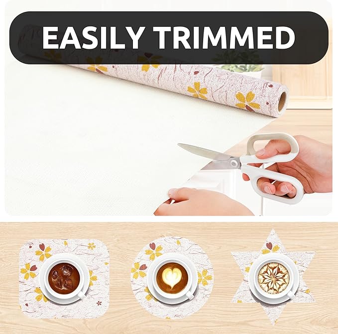 RAY STAR 12X120 Inch Shelf Liner for Kitchen Cabinets, Non-Adhesive Cabinet Liner Washable, PVC Drawer Liner for Dresser Non-Slip Bathroom (Yellow-Floral)(4 Roll)