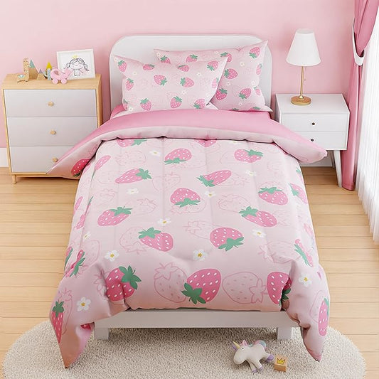 SANDJEST Strawberry Comforter Set Twin Size 68x86in for Kids Girls, Microfiber 3 Pcs Bedding Set Includes 1 Comforter, 1 Pillowcase, 1 Fitted Sheet, Nursery Room Decor