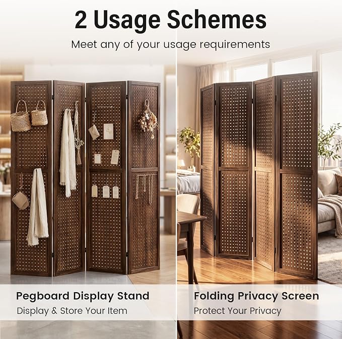 4 Panel Pegboard Room Divider, Folding Privacy Screen, Freestanding Wooden - Image 2