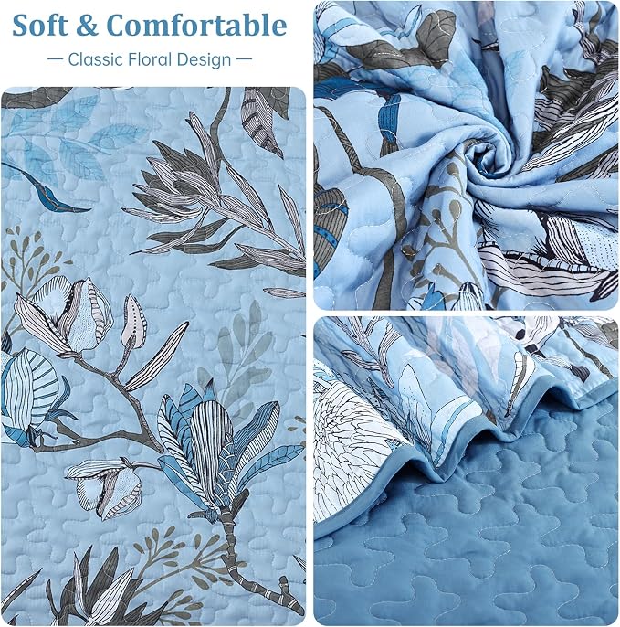 Dintszyayue Quilt Queen Size Blue, 3 Pieces Boho Floral Bedspread Bedding - Image 6