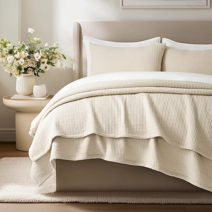 EVERGRACEHOME Cotton Gauze Matelassé Coverlet, Queen Size, Soft Oat | Ultra - Image 3