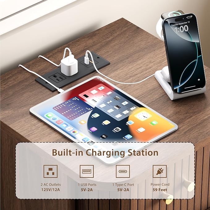 Decofy Fluted Nightstand Set of 2, Charging Station & Sliding Doors, Walnut | - Image 3