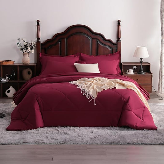 7-Piece Queen Comforter Set with Sheets – Soft and Breathable All-Season Queen Bed in a Bag, Down Alternative Comforter Set Solid Color All Season, Red