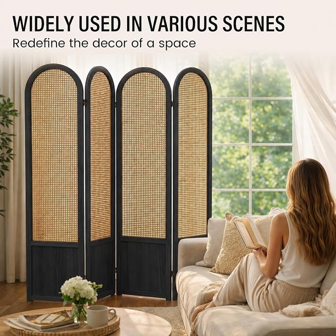 4 Panel Rattan Room Divider Screen, Boho Folding Privacy Screen | Decorative - Image 3