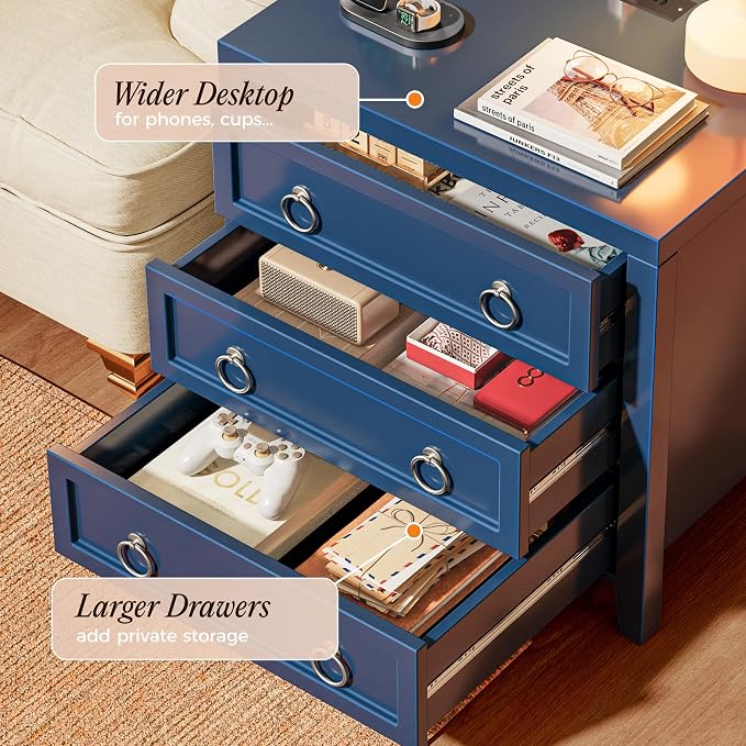 Huuger Paint Night Stand with Charger Station, 3 Drawer Nightstand Set of 2 | - Image 5